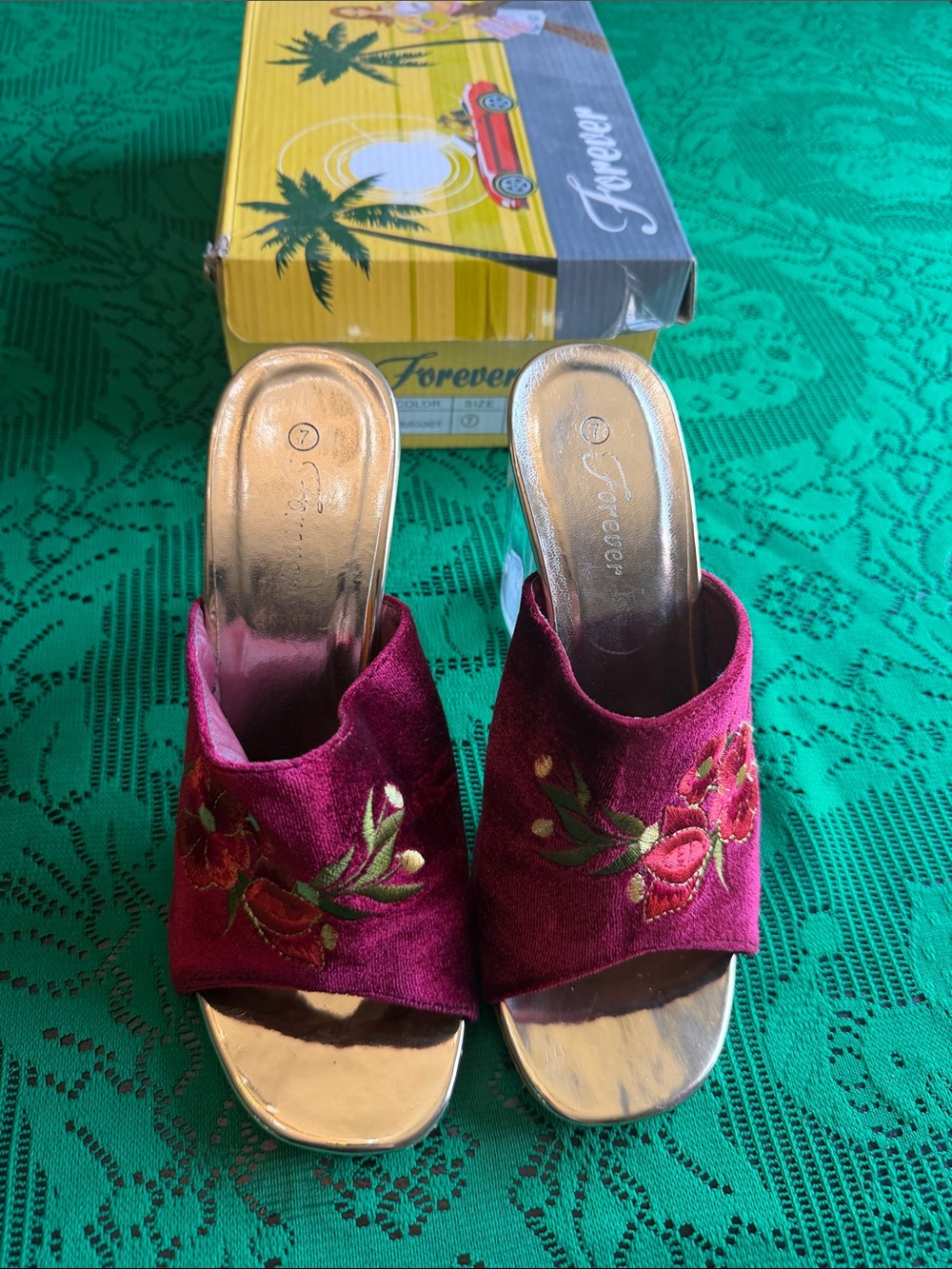 Forever 21 Magenta Velvet Floral Embroidered Slide Mules
